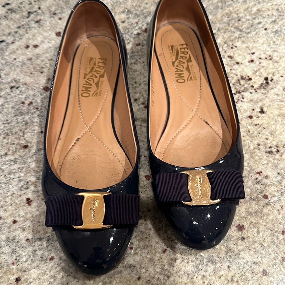 Salvatore Ferragamo Navy Blue Patent Leather Flats